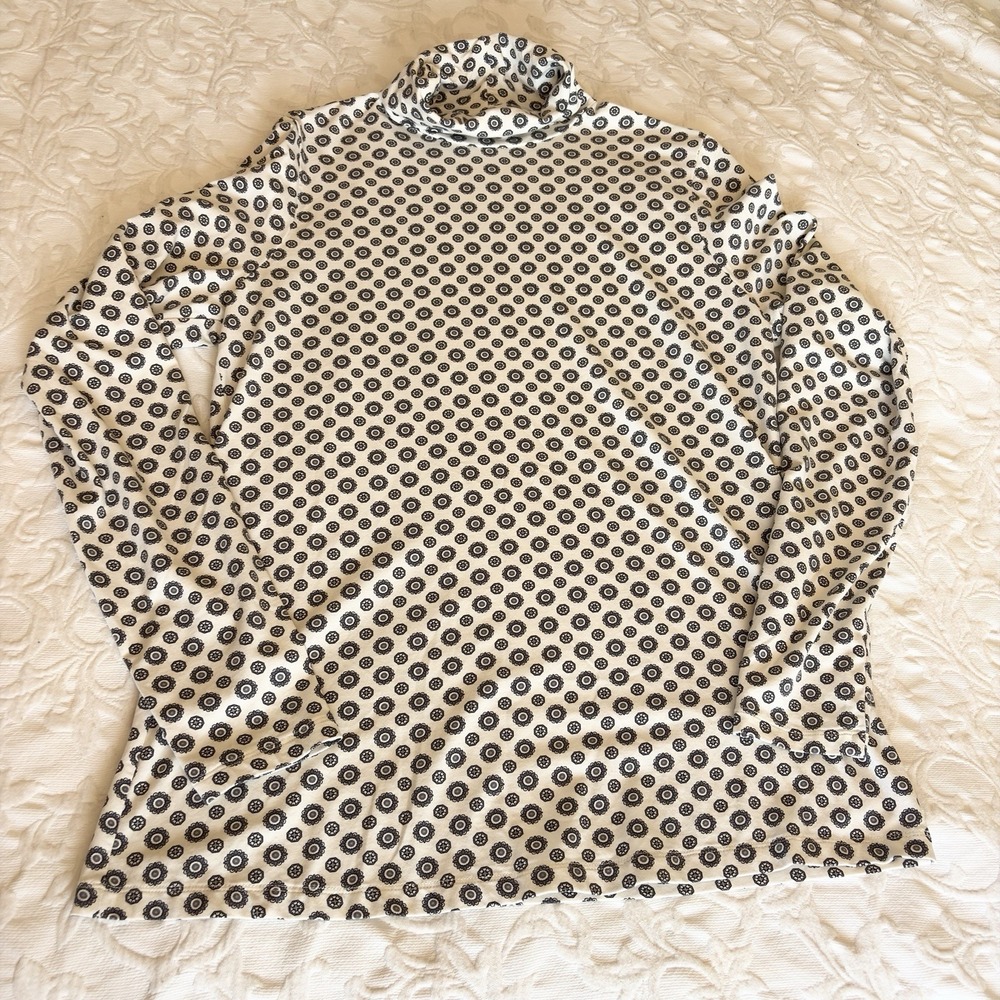 Lands' End Turtleneck Top Womens L Tall 14-16 White Black Floral Stretch Modal